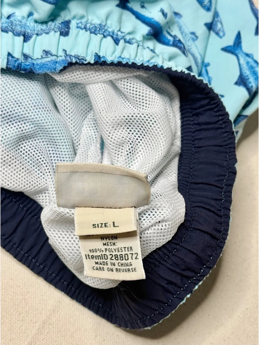 L.L.Bean Men’s Large Fish Print Swim Trunks Blue Mesh Lined Drawstring